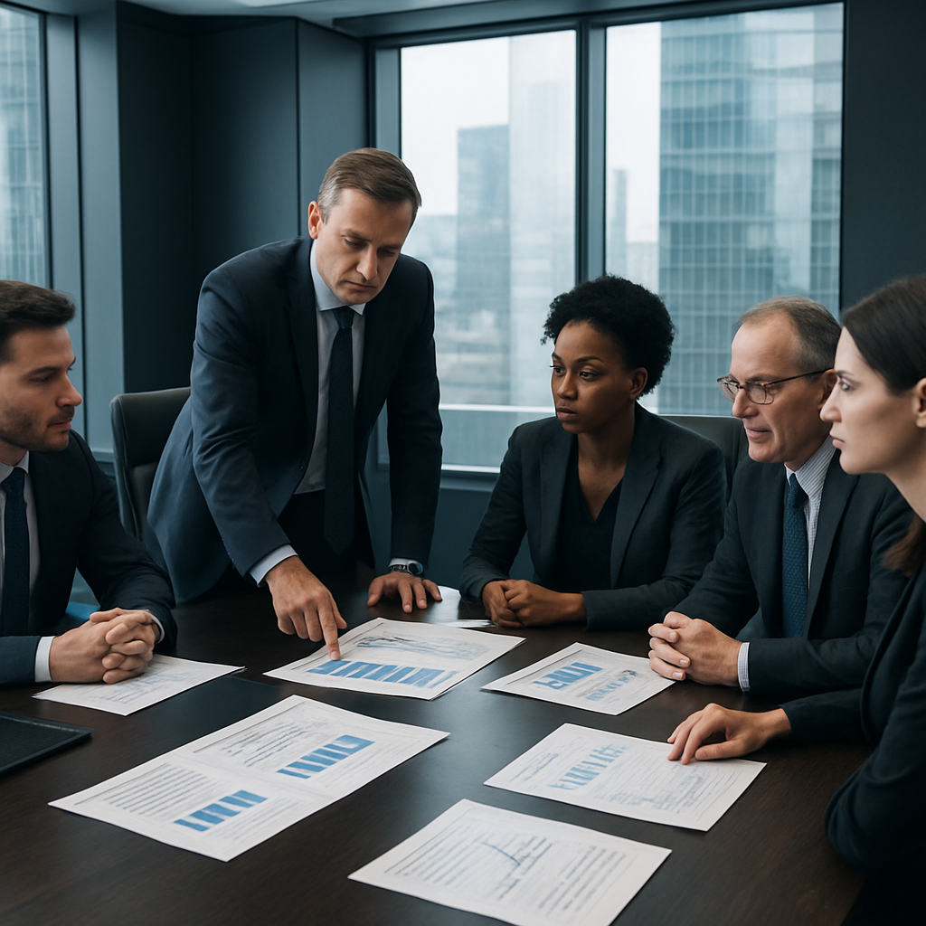 Equipo ejecutivo revisando estrategia corporativa